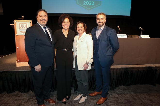 The 2022 CEO of the Year winners (from left), Robert “Bo” Chilton, Elizabeth Blount McCormick, Francie Henry and Michael Corey, at Columbus CEO’s 12th annual CEO of the Year awards ceremony, held Jan. 25, 2023, at COSI.