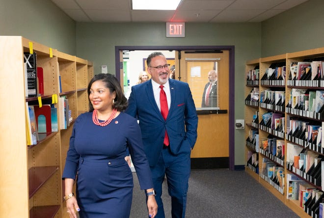 Angela Chapman, then-interim superintendent of Columbus City Schools, with U.S. Department of Education Secretary Miguel Cardona, who visited Avondale Elementary School on April 20, 2023, and learned about the district’s early literacy initiatives.